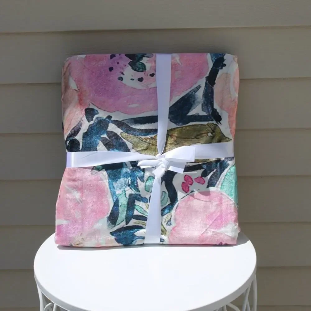 Boho Floral Throw Blanket Abstract Watercolor Fringe Tassels Size: 50in X 60in